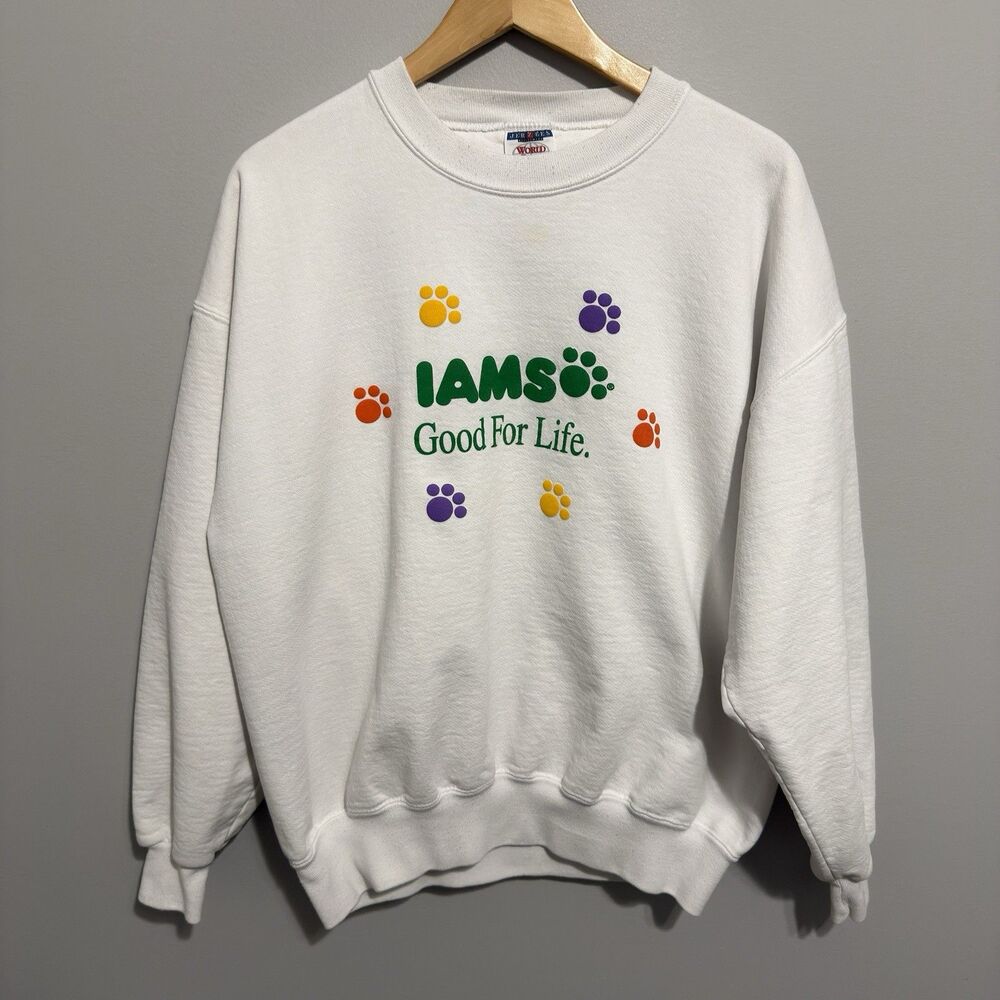 Vintage Jerzees Sweatshirt Mens XL White IAMS Good For Life Dog Cat USA 90s Pets
